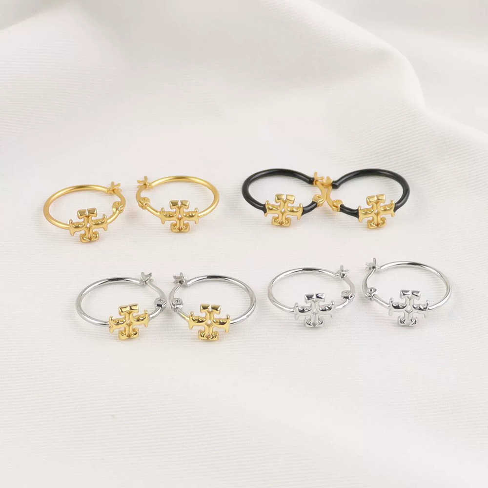Tory Burch Classic Hoop Earrings Gold Plated Brass Enamel Matte Gold Letter